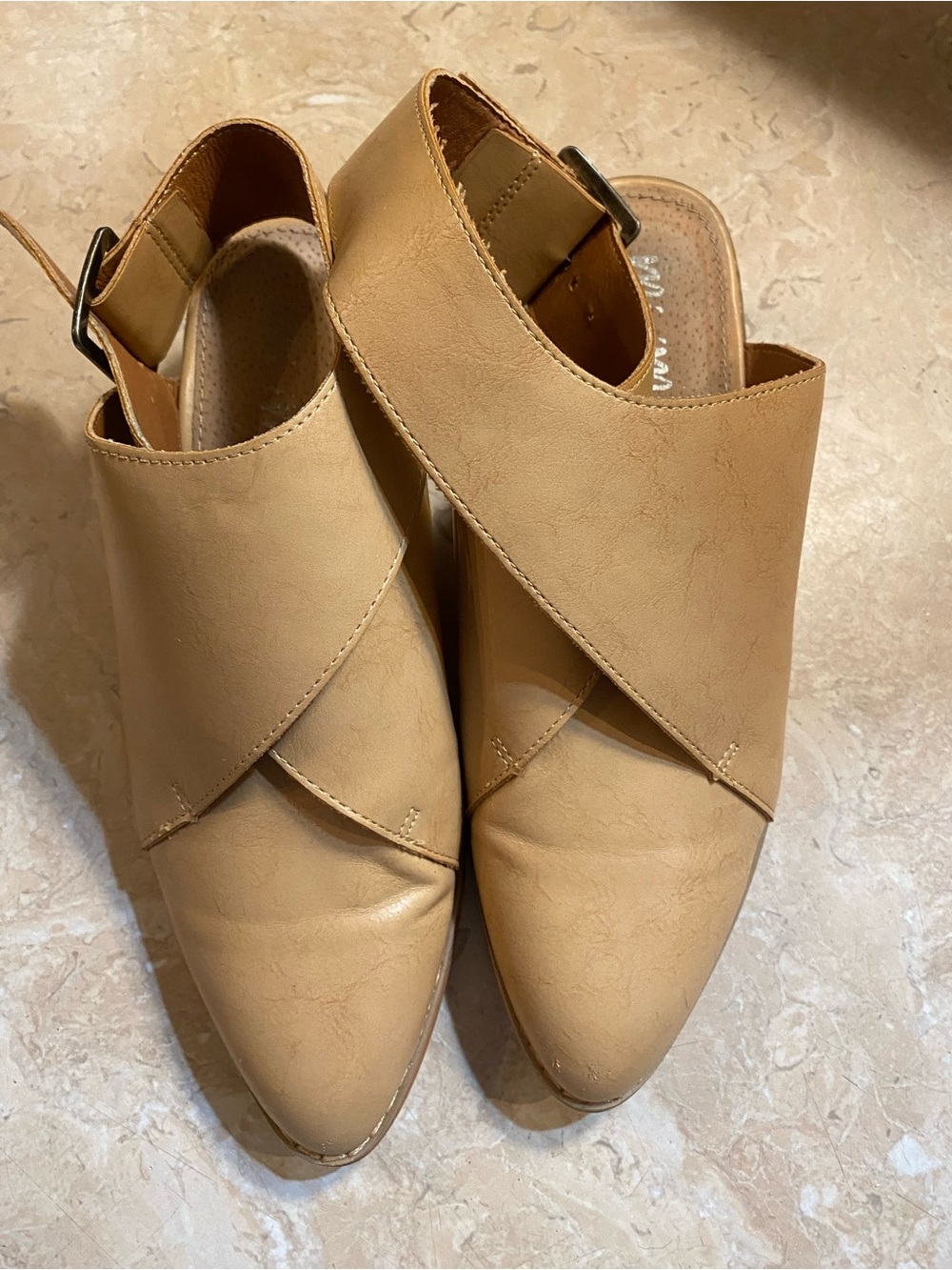 Neutral Tan Cross-Strap Slingback Mules